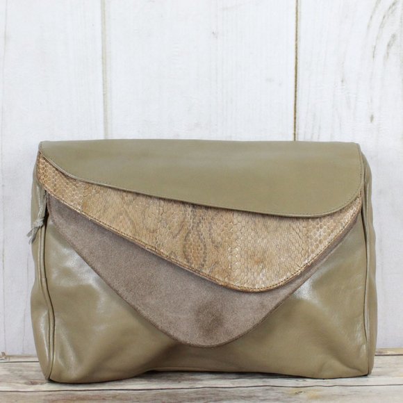 Polly Bergen Handbags - Polly Bergen Tan Snake Print Genuine Leather Clutch Bag Purse Handbag
